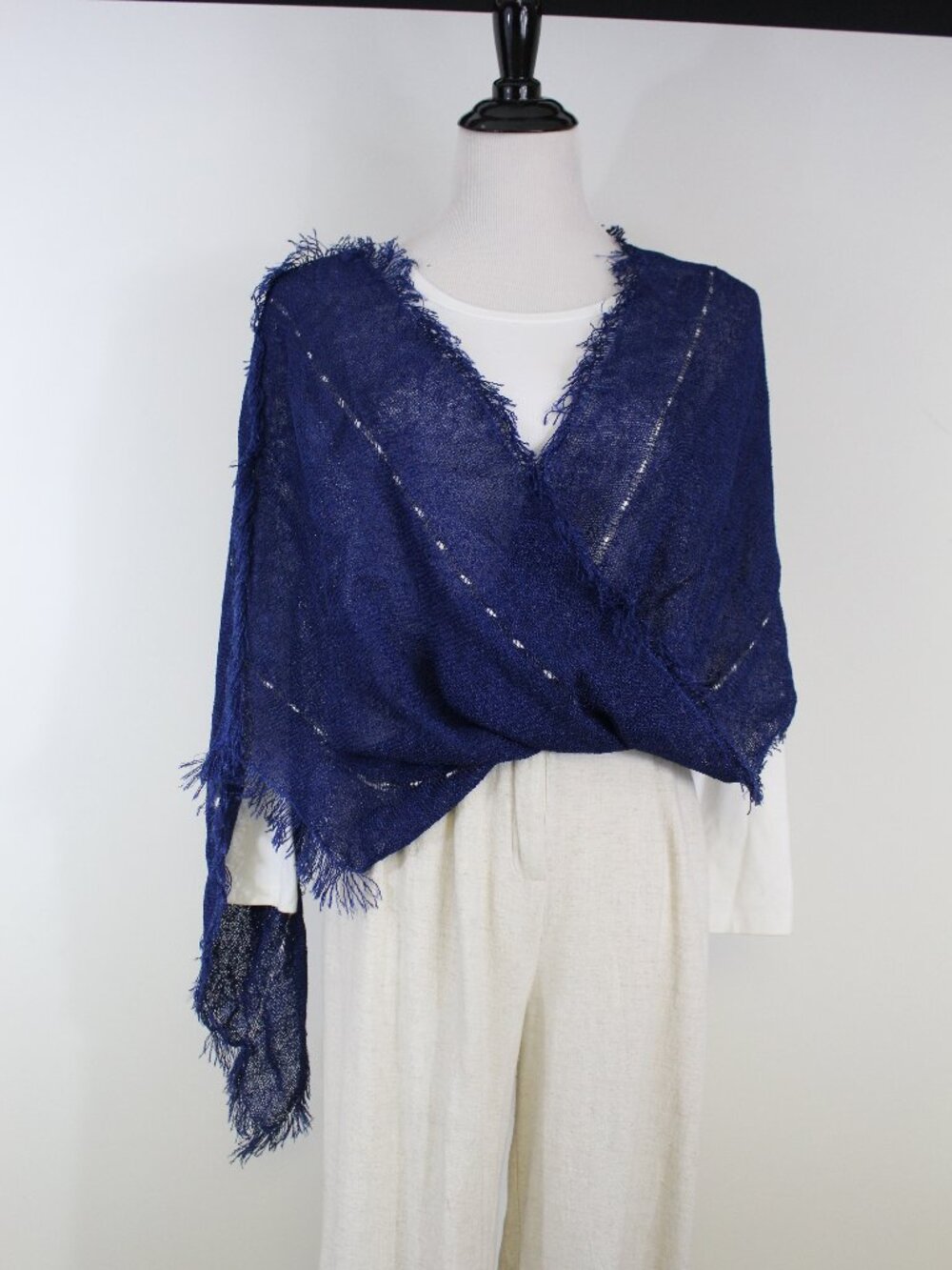 Blue Fringe Knit Wrap Shawl‎ Lightweight Sheer Scarf Boho Wedding